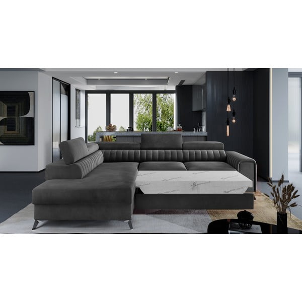 Sötétszürke bársony kinyitható-tárolóhelyes sarokkanapé (bal oldali-L alakú) Laurence – ELTAP-image-2