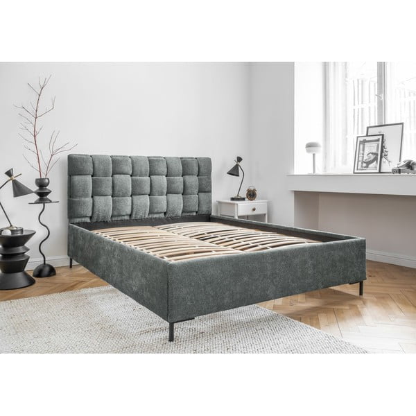 Szürkészöld kárpitozott franciaágy ágyráccsal 140x200 cm Eve – Miuform-image-4