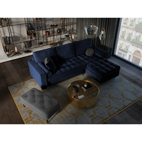 Santo kék kinyitható bársony sarokkanapé, jobb oldali - Milo Casa-image-1