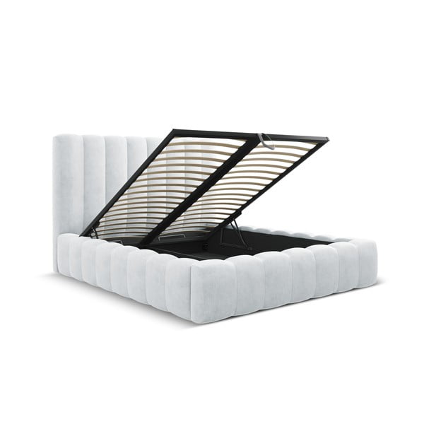 Világosszürke kárpitozott ágyneműtartós franciaágy ágyráccsal 160x200 cm Kelp – Micadoni Home-image-2