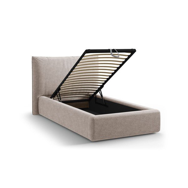 Bézs kárpitozott ágyneműtartós egyszemélyes ágy ágyráccsal 90x200 cm Kaelle – Micadoni -image-1