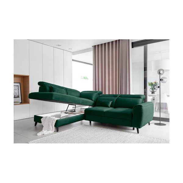Zöld bársony kinyitható-tárolóhelyes sarokkanapé (bal oldali-L alakú) Noble – ELTAP-image-3