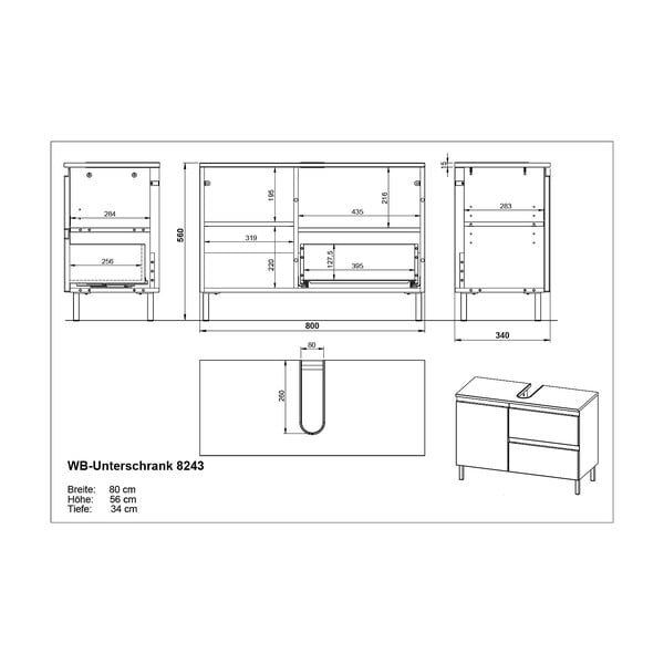 Sötétszürke mosdókagyló alatti szekrény tölgyfa dekorral 80x56 cm Salinas - Germania-image-4