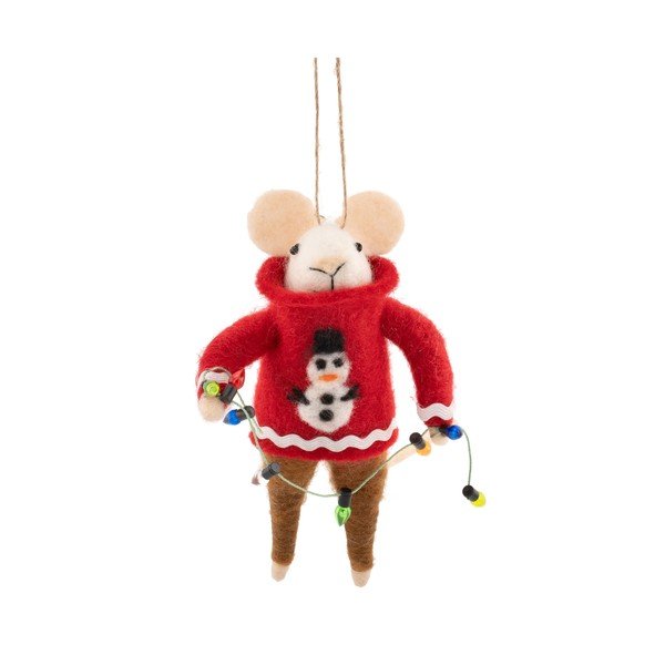 Textil karácsonyfadísz 6 cm Mouse in Snowman Jumper with Fairy Lights – Sass & Belle