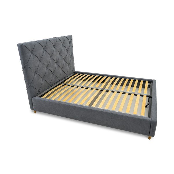 Szürke kárpitozott ágyneműtartós franciaágy ágyráccsal 160x200 cm Bee – Scandic-image-4