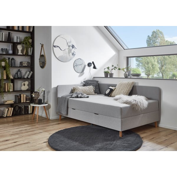 Világosszürke kárpitozott egyszemélyes ágy tárolóhellyel 90x200 cm Cabana – Meise Möbel-image-1