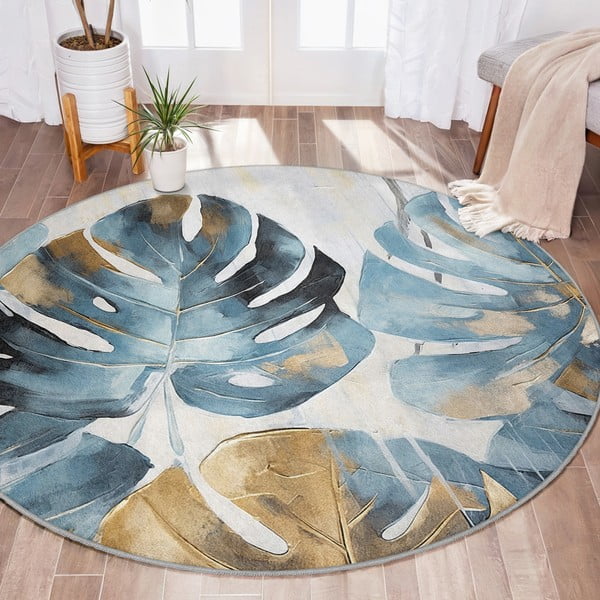 Kék mosható kerek szőnyeg ø 120 cm Golden Leaves – Mila Home-image-1