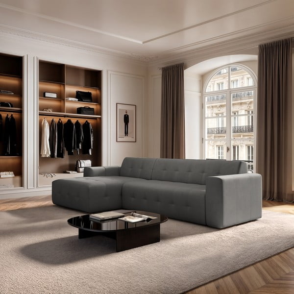 Szürke bársony sarokkanapé (bal oldali-heverő résszel) Tuil – Rodier-image-1