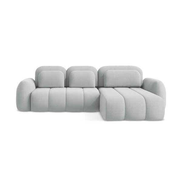 Világosszürke buklé kinyitható-tárolóhelyes sarokkanapé (jobb oldali-heverő résszel) Pele – Makamii