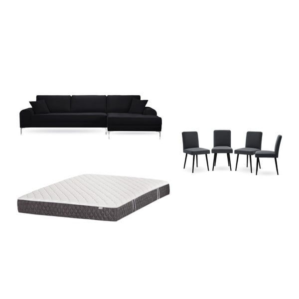 Fekete jobboldali sarokkanapé, 4 db antracit szürke szék, matrac (160 x 200 cm ) szett - Home Essentials
