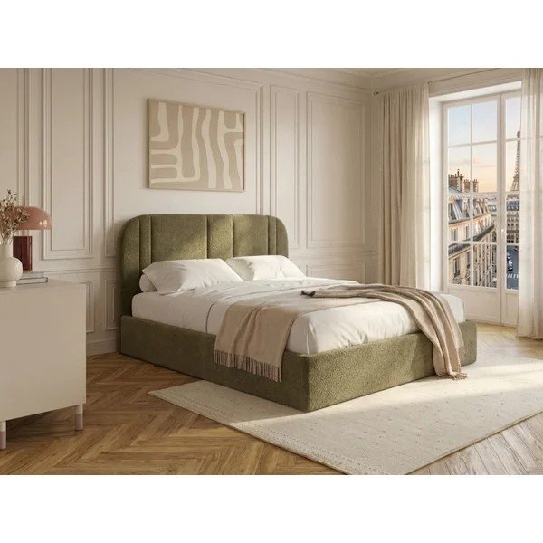 Zöld kárpitozott ágyneműtartós franciaágy ágyráccsal 160x200 cm Sidney – Bobochic Paris-image-1
