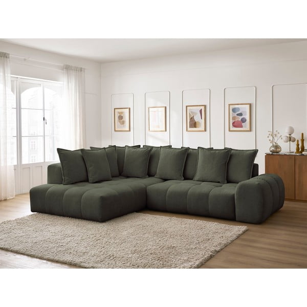 Zöld zsenília kinyitható-tárolóhelyes sarokkanapé (bal oldali-L alakú) Everest – Bobochic Paris-image-1