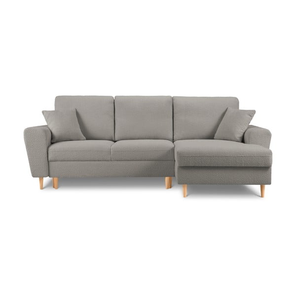 Világosszürke buklé kinyitható tárolóhelyes sarokkanapé (jobb oldali-heverő résszel) Kyoto – Cosmopolitan Design