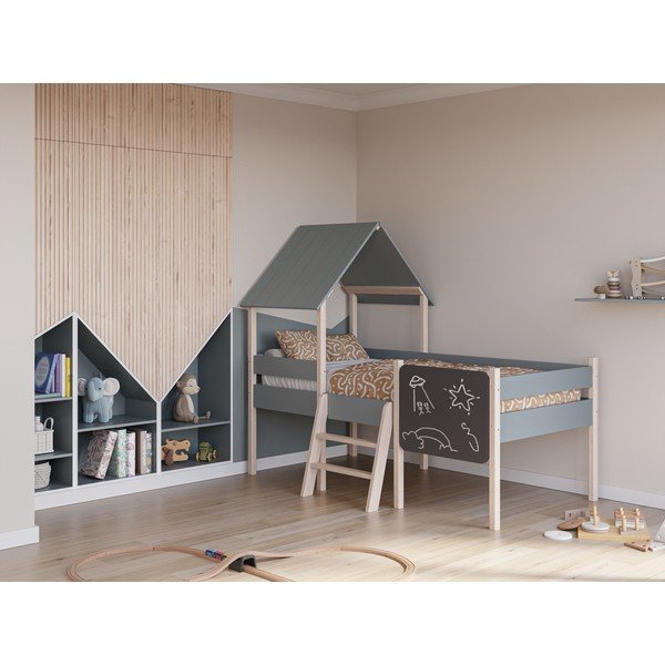 Szürkészöld borovi fenyő házikó alakú-galéria gyerekágy ágyráccsal 90x190 cm Mint – Marckeric-image-1