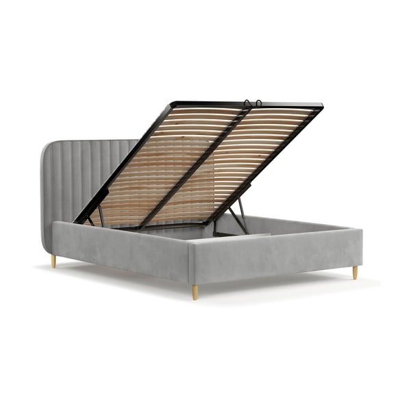 Szürke kárpitozott ágyneműtartós franciaágy ágyráccsal 140x200 cm Noto – Maison de Rêve-image-3