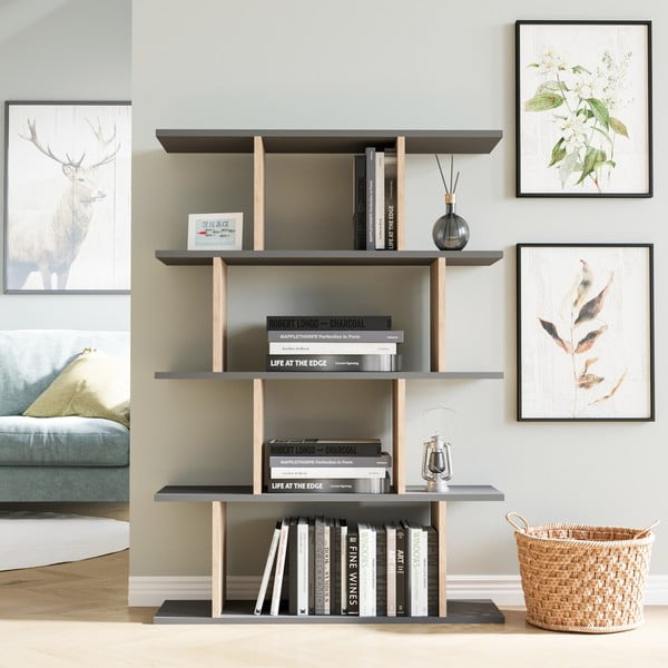 Szürke-natúr színű könyvespolc tölgyfa dekorral 90x127 cm Harmon – Kalune Design-image-1