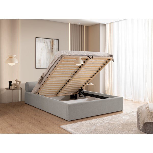 Világosszürke kárpitozott ágyneműtartós franciaágy ágyráccsal 140x200 cm Cille – Ropez-image-4