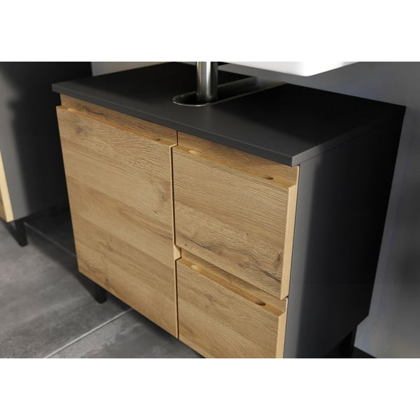 Sötétszürke mosdókagyló alatti szekrény tölgyfa dekorral 60x56 cm Salinas - Germania-image-1