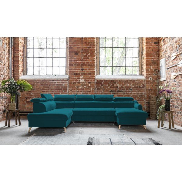 Türkiz bársony kinyitható sarokkanapé (bal oldali-"U" alakú) Sweet Harmony – Miuform-image-1