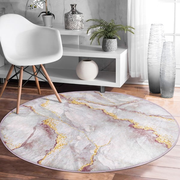 Világos rózsaszín-aranyszínű mosható kerek szőnyeg ø 80 cm Marble – Mila Home-image-3