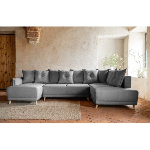 Szürke kordbársony kinyitható sarokkanapé (jobb oldali-U alakú) Lazy Lukka – Miuform-image-1