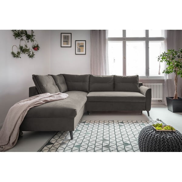 Stylish Stan L sötétszürke kinyitható bársony sarokkanapé, bal oldali - Miuform-image-1