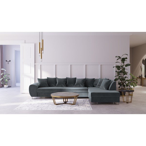 Calmato szürke bársony sarokkanapé, jobb oldali - Kooko Home-image-1