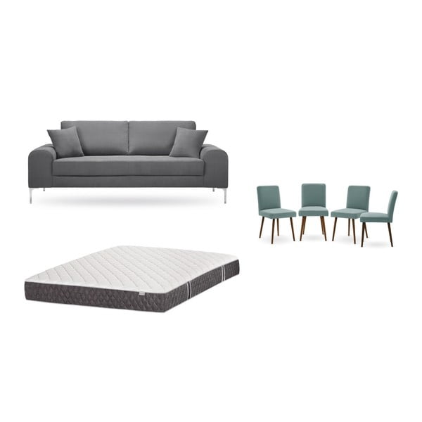Szürke, háromszemélyes kanapé, 4 db szürkészöld szék, matrac (160 x 200 cm) szett -Home Essentials