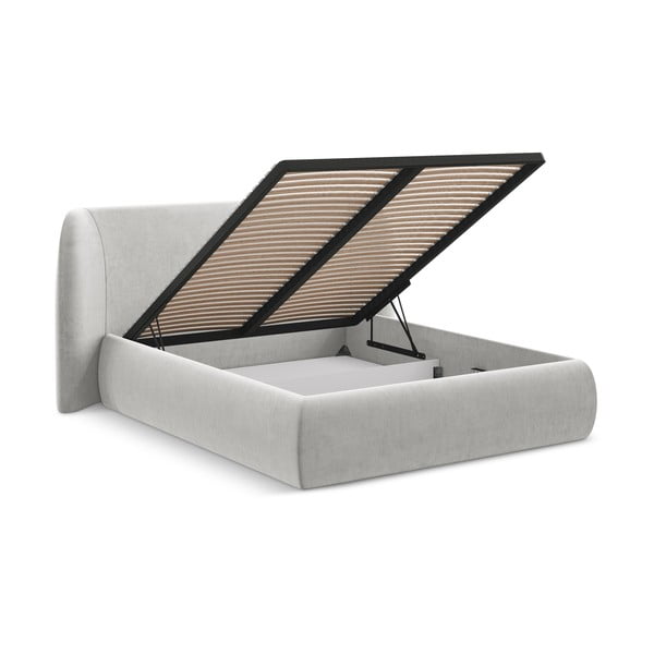 Világosszürke kárpitozott ágyneműtartós franciaágy ágyráccsal 160x200 cm Hauke – Makamii-image-2