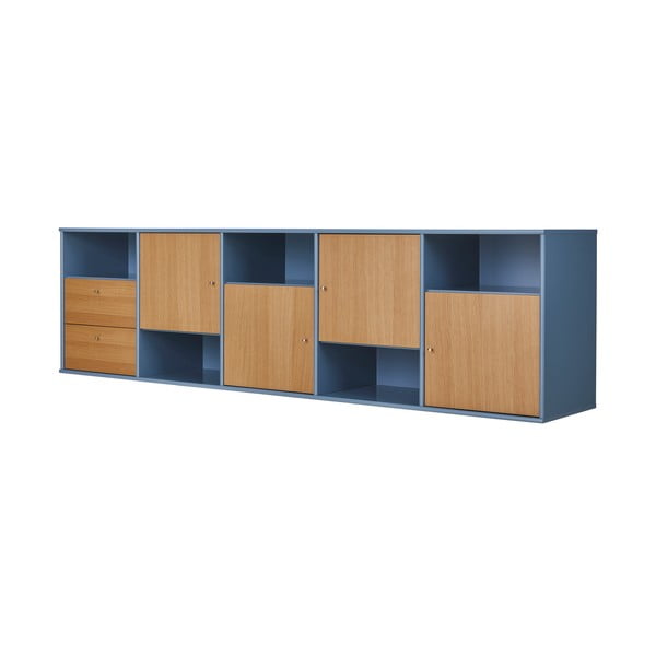 Kék-natúr színű alacsony függő komód tölgyfa dekorral 220x61 cm Mistral – Hammel Furniture-image-2