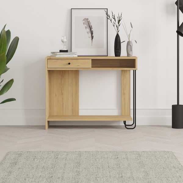 Natúr színű konzolasztal tölgyfa dekoros asztallappal 35x100 cm Saturne – Marckeric-image-1