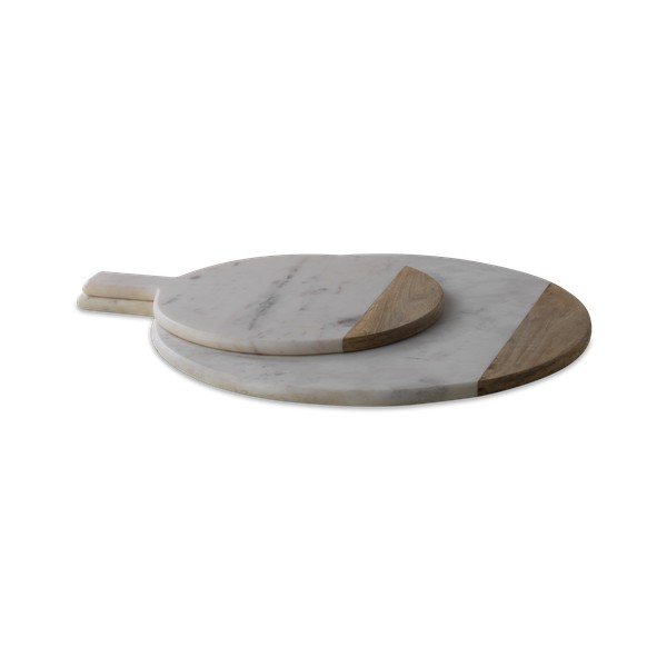 Bwari kör alakú szervírozó vágódeszka fehér márványból és mangófából, ø 32 cm - Nkuku-image-1