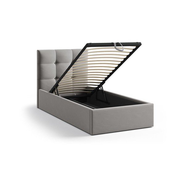 Szürke kárpitozott ágyneműtartós egyszemélyes ágy ágyráccsal 90x200 cm Phaedra – Micadoni -image-1