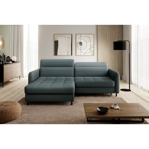 Szürkészöld bársony kinyitható-tárolóhelyes sarokkanapé (bal oldali-heverő résszel) Gomsi – ELTAP-image-3