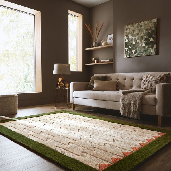 Zöld-natúr színű kézi szövésű gyapjú szőnyeg 200x290 cm Apex Border Wool – Flair Rugs-image-1