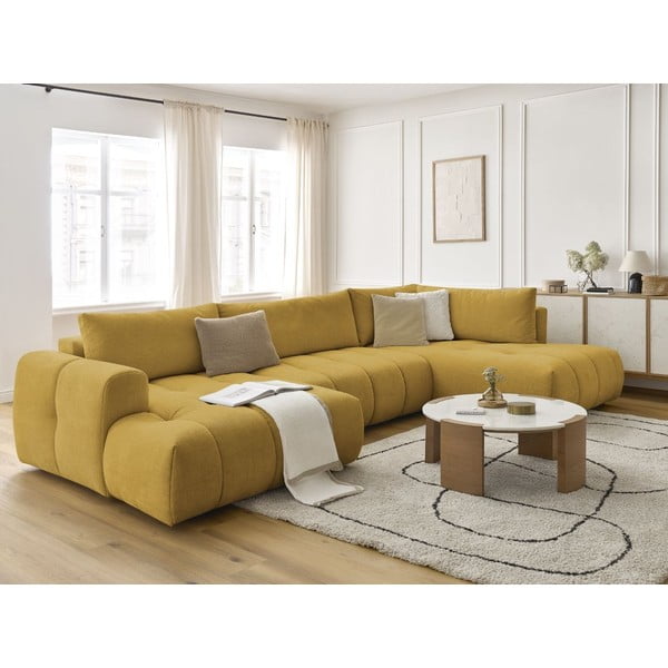 Mustársárga kinyitható-tárolóhelyes sarokkanapé (jobb oldali-U alakú) Fuji – Bobochic Paris-image-1