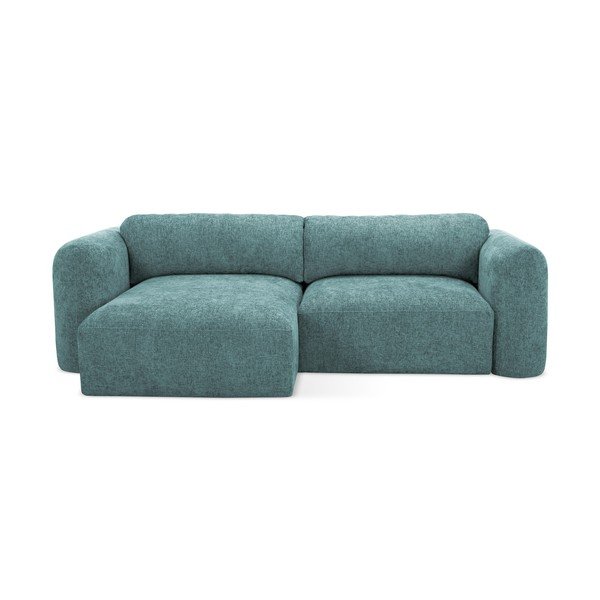 Kék zsenília kinyitható-tárolóhelyes sarokkanapé (bal oldali-heverő résszel) Mele – Makamii