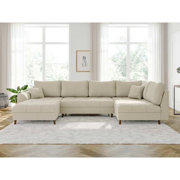 Krémszínű kordbársony sarokkanapé (bal oldali-U alakú) Ariella – Ropez-image-1