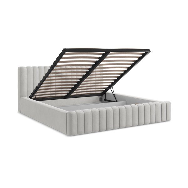 Ezüstszínű kárpitozott ágyneműtartós franciaágy ágyráccsal 140x200 cm Lemi – Makamii-image-3