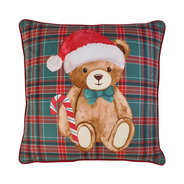 Díszpárna karácsonyi mintával 45x45 cm Christmas Tartan Teddy Bear – Catherine Lansfield