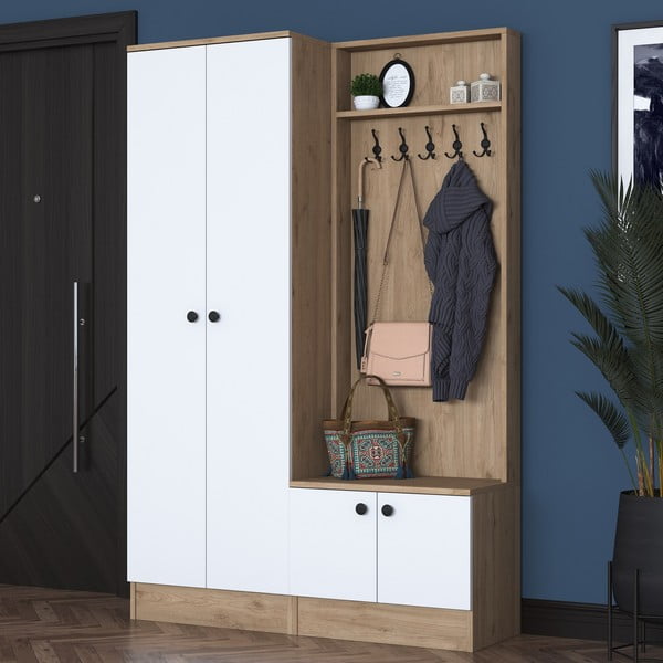 Fehér-natúr színű előszoba bútor diófa dekorral Theresa – Kalune Design-image-2