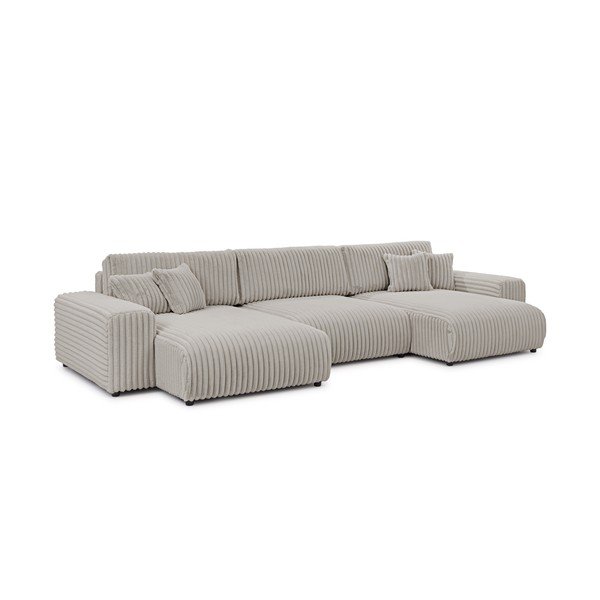Világosszürke kordbársony kinyitható-tárolóhelyes  sarokkanapé (U alakú) Sarina – Ropez-image-3