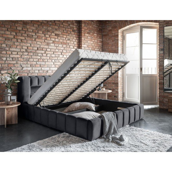 Szürke kárpitozott ágyneműtartós franciaágy ágyráccsal 180x200 cm Lamica – ELTAP-image-4