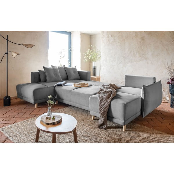 Szürke kordbársony kinyitható sarokkanapé (bal oldali-U alakú) Lazy Lukka – Miuform-image-1