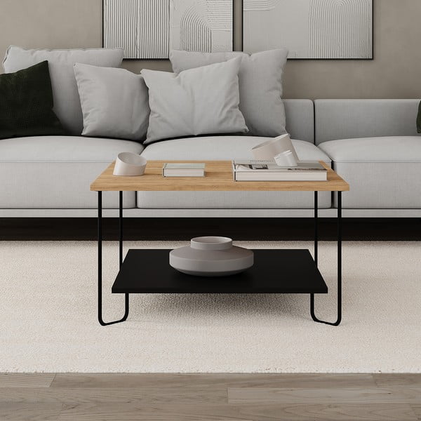 Fekete-natúr színű dohányzóasztal tölgyfa dekoros asztallappal 80x80 cm Tonka – Marckeric-image-4