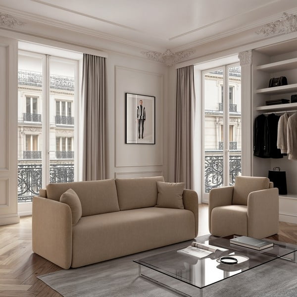 Világosbarna bársony kinyitható kanapé 220 cm Chaum – Rodier-image-1