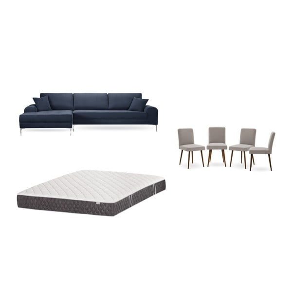 Sötétkék baloldali sarokkanapé, 4 db szürkésbézs szék, matrac (160 x 200 cm) szett - Home Essentials