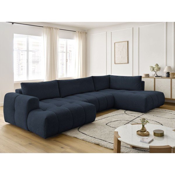 Sötétkék kinyitható-tárolóhelyes sarokkanapé (jobb oldali-U alakú) Fuji – Bobochic Paris-image-1