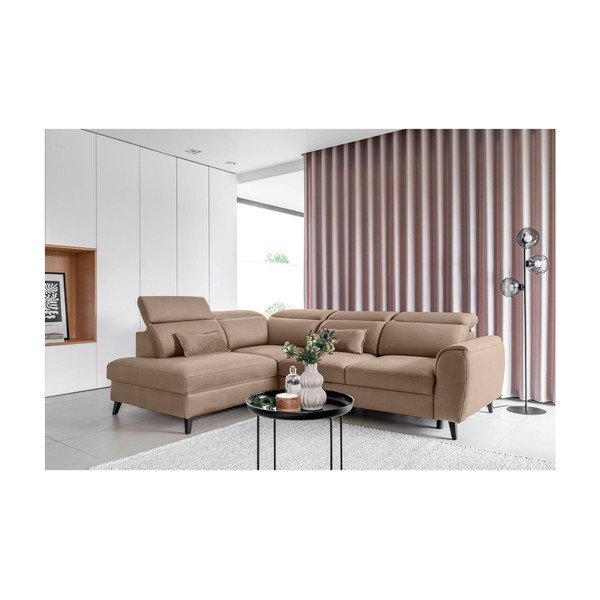 Világosbarna bársony kinyitható-tárolóhelyes sarokkanapé (jobb oldali-L alakú) Noble – ELTAP-image-1