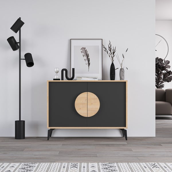 Fekete-natúr színű alacsony komód tölgyfa dekorral 110x82 cm Vae – Marckeric-image-2